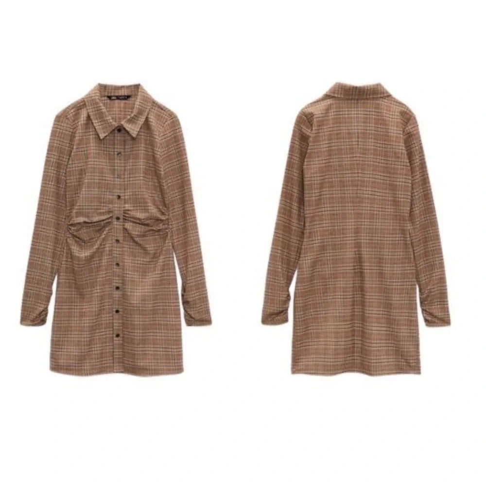 NWOT Zara Brown Plaid Ruched Waist Long Sleeve Mini Shirt Dress Size Small